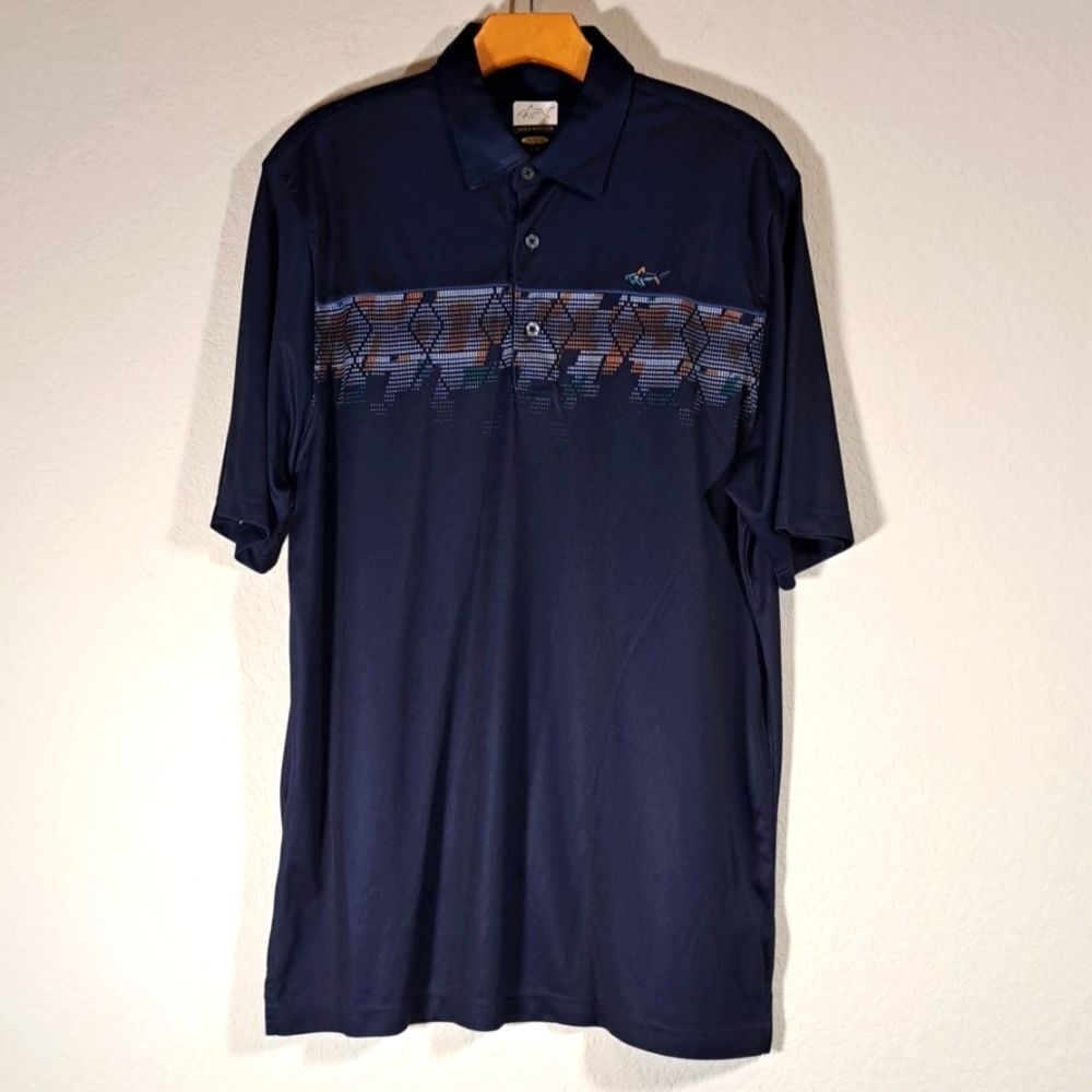 Greg Norman Men’s Shirt Golf Polo Large Navy Shark Logo Short Sleeve Play Dry